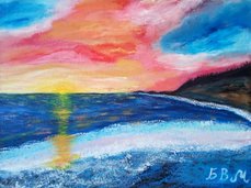 Crimson sunset; canvas on cardboard, primed fine-grained cotton; acrylic.
                        Drawn June 21 - 23th, 2023. Size: 30x40 cm.